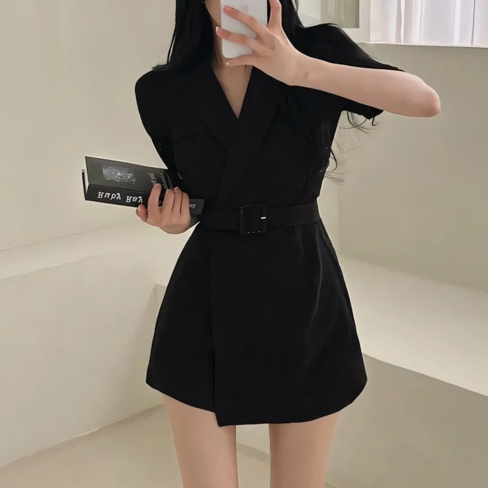 예쁨시전 테일러드 정장 브이넥 반팔 벨트 랩원피스 치마바지