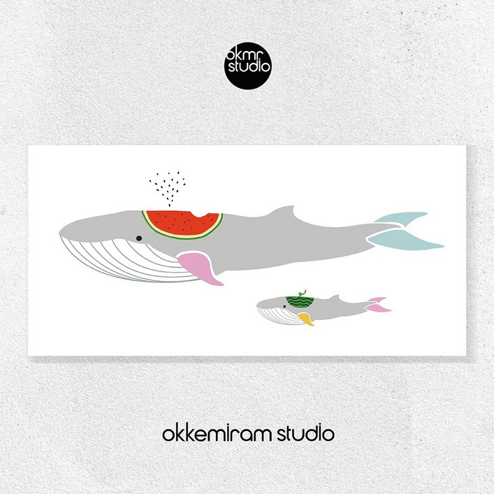 수박고래 아이방 일러스트 대형 패브릭액자, 화이트