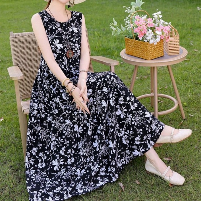 ORZQU 여성 여름 롱 원피스 라운드넥 꽃무늬 나시원피스 슬림핏 중년여성 민소매 원피스