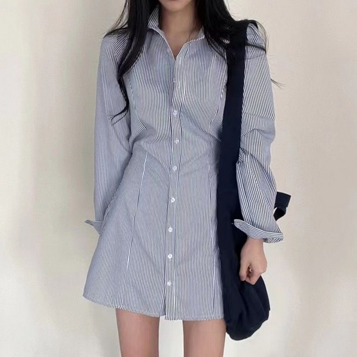 더블유 캠퍼스룩 A라인 카라 셔츠 긴팔 원피스