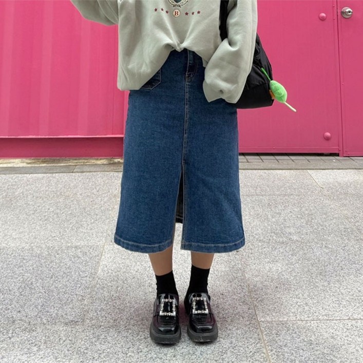 데님 앞트임 H라인 속밴딩 롱스커트