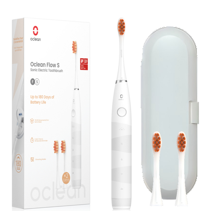 오클린 Oclean Flow 음파전동칫솔본체칫솔모 3개 1년 2번만 충전 분당 76000회 IPX7방수, 화이트, 1세트, 화이트여행 케이스 포함