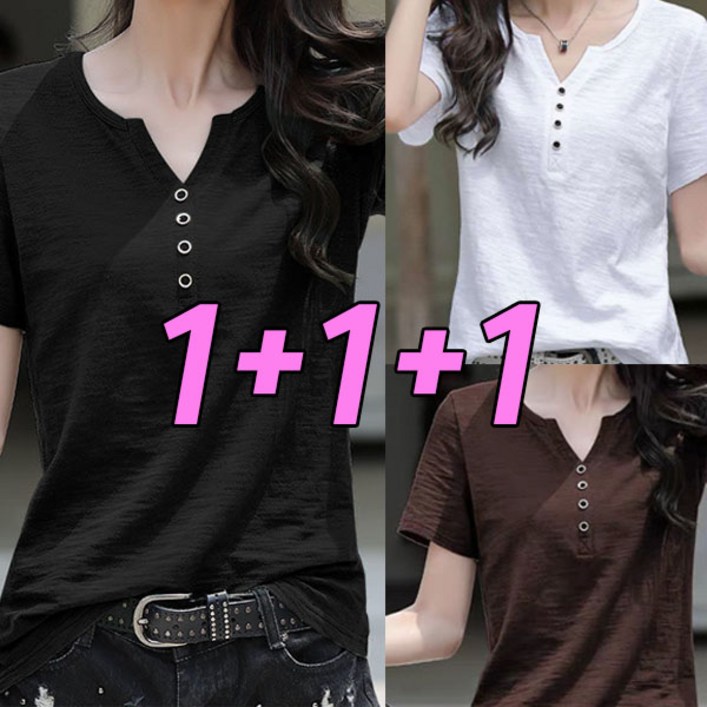 차쿠 111 여성 여름 빅사이즈 기본 브이넥 반팔티 브이넥 무지 티셔츠