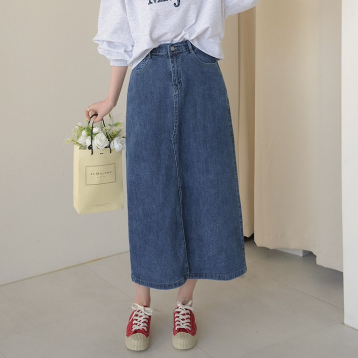 데일리앤 드류 편안한 밴딩 스판 데일리 H라인 앞트임 롱 데님 스커트 봄 가을