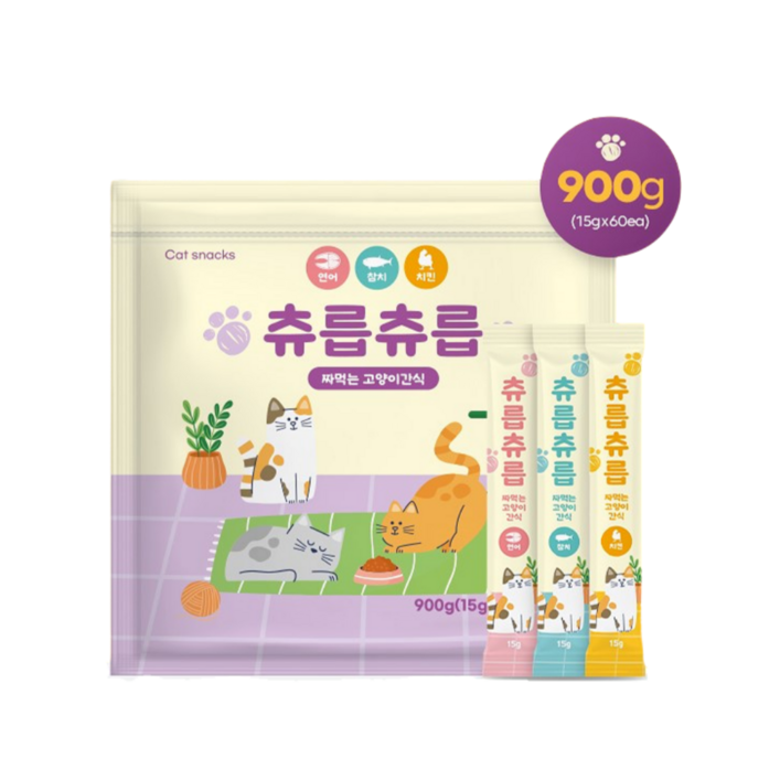 츄릅츄릅 짜먹는 츄르 고양이간식 60스틱 혼합팩 헤어볼케어, 연어+치킨+참치, 15g, 60개