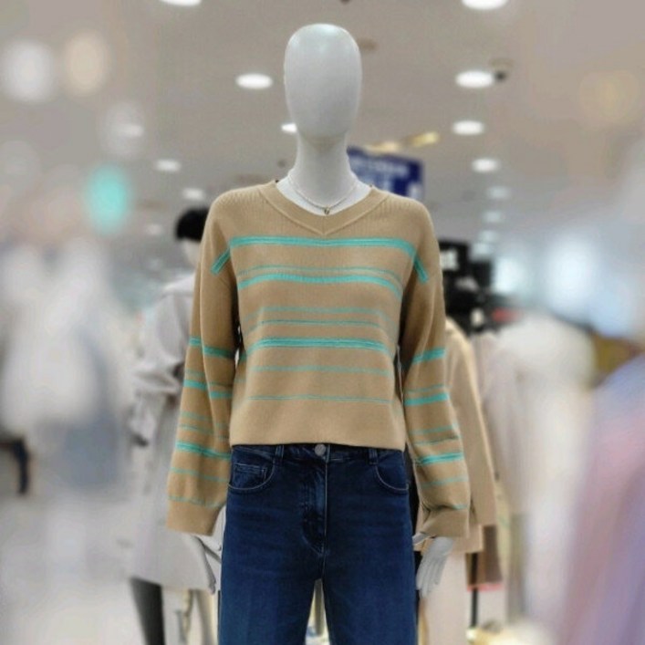 씨씨콜렉트 스트라이프 브이넥 크롭니트C231KSK002베이지_ 2598996