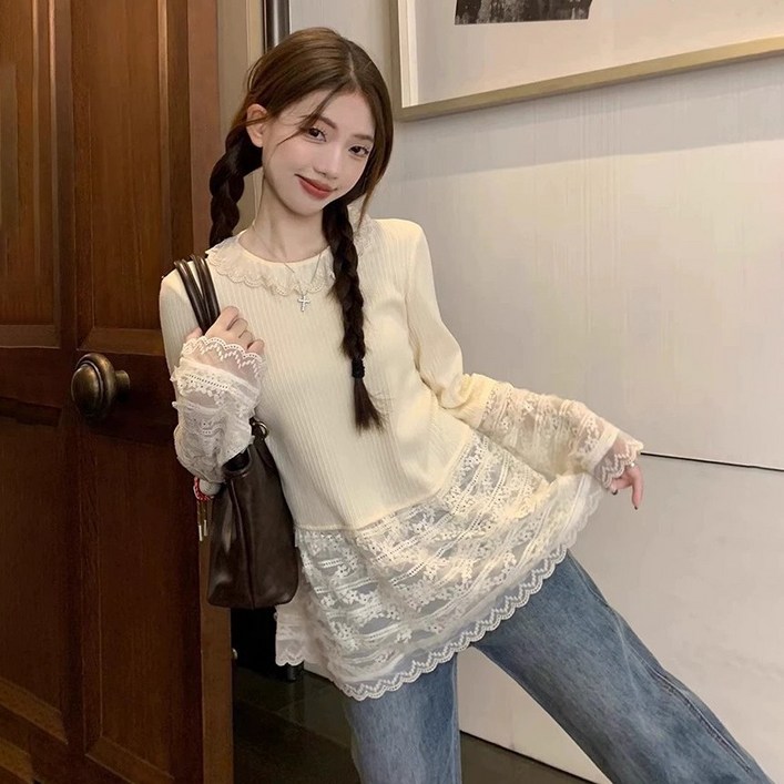 Asure 여자 레이스 롱슬리브 니트 패션 니트티 루즈핏 블라우스