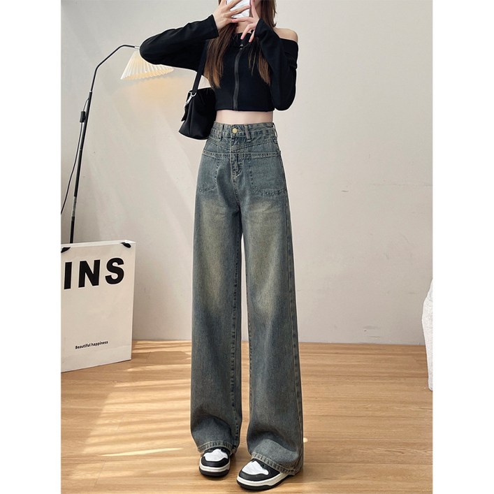 SAHINER 여성용 봄가을 데일리룩 하이웨이스트 워싱 와이드 롱 데님 팬츠 BNZ55