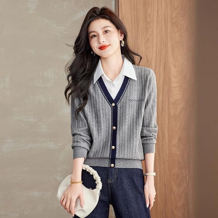 루스리더 여성 카라넥 셔츠 레이어드 니트 가디건 E1422