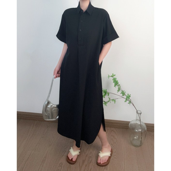 올데이마켓 40대 여성 롱 루즈핏 차분한 드레시 카라 원피스