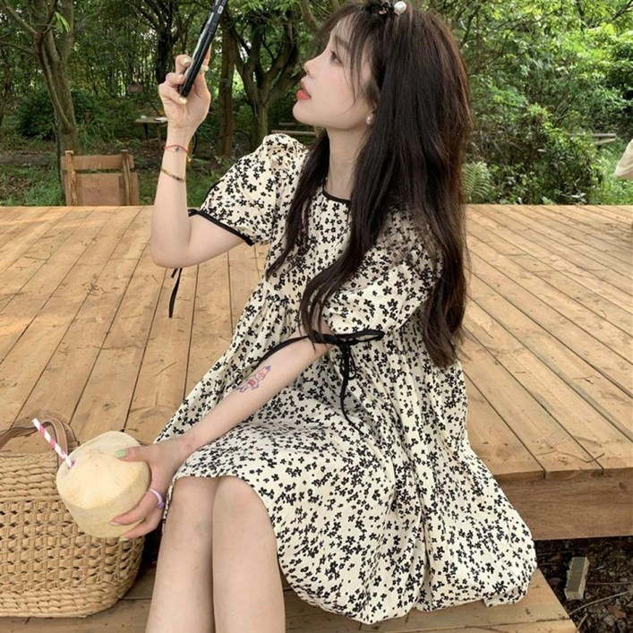 미니원피스 귀여운 여성 플라워 패턴 여름 반팔 카라 브이넥