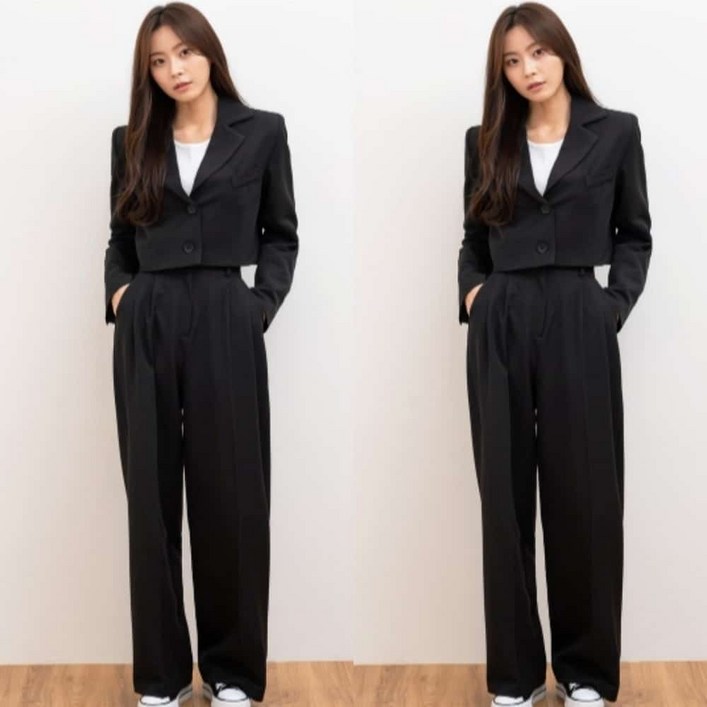 여자 크롭자켓 밴딩 와이드슬랙스 세트 캐쥬얼 캐주얼