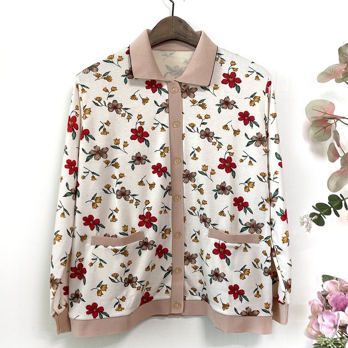 국민할매 엄마옷 국내생산 할머니옷 꽃무늬 배색 코튼 카라 가디건 티셔츠SBOH1 봄가을 요양원옷 중년 여성의류