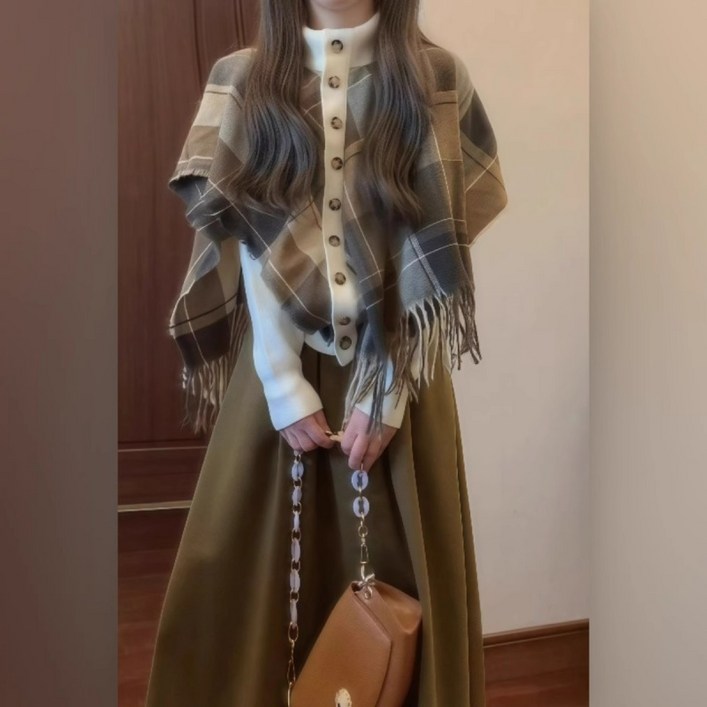 해피유통    여성 가을 겨울 체크 숄 니트 가디건 롱 스커트 세트    mgy