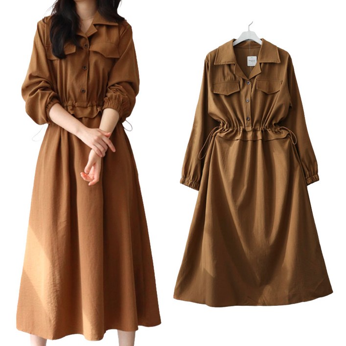 메리앤유 베이직 카라 셔츠 핏 스트링 롱 플레어 원피스