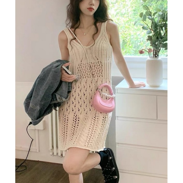 펀칭 레이어드 니트 보헤미안 뷔스티에 미디 원피스 여름 휴가 바캉스 동남아 원피스