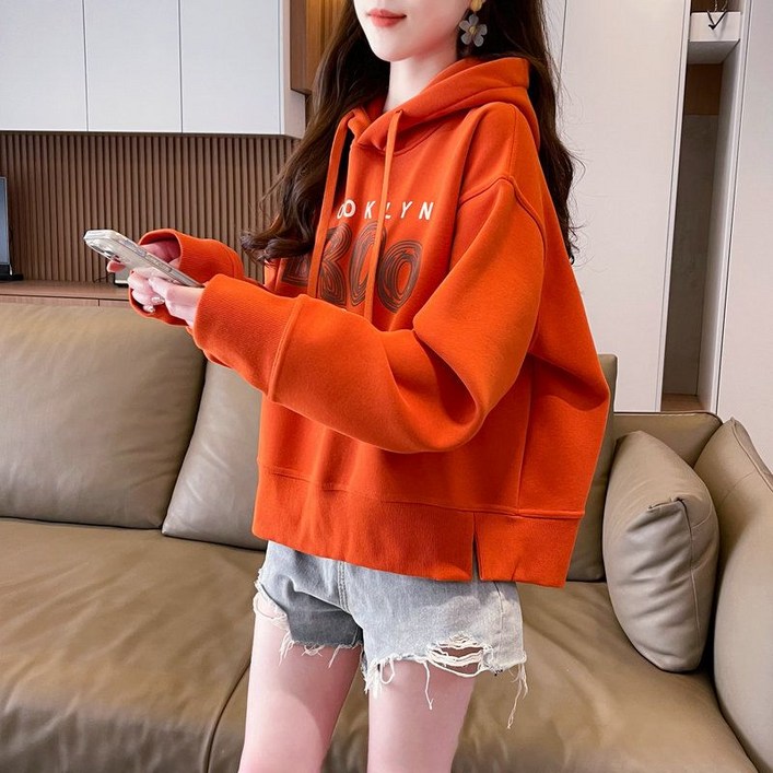 미중 여성 봄가을 뉴 후드 쇼트 맨투맨 박시 날씬 외투 긴팔 yf