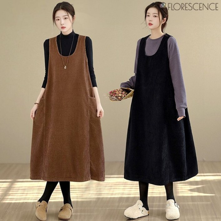 플로레센스 겨울 코듀로이 루즈핏 포켓 원피스 2종 세트브라운블랙