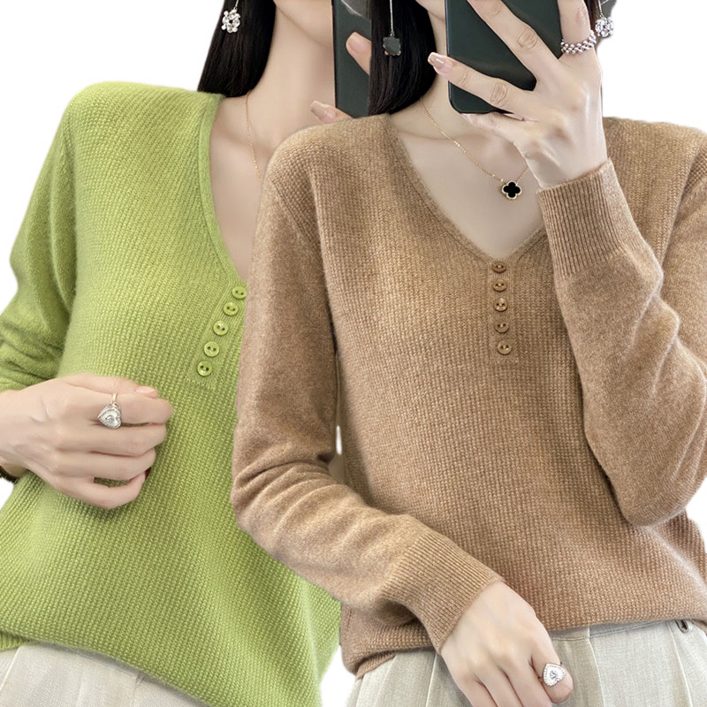 11 여성용 추동 브이넥 버튼 부드러운 긴팔 니트 2P 뉴타임즈 H470A869