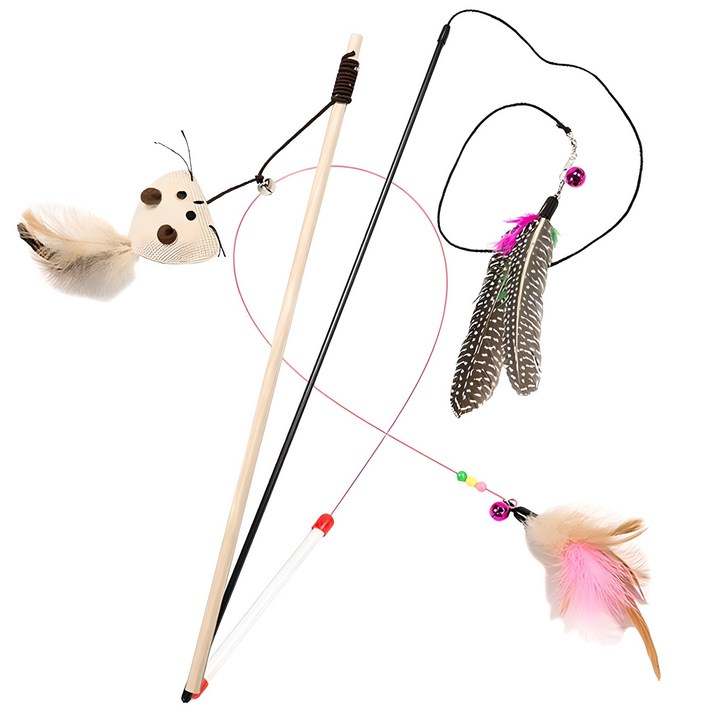 딩동펫 고양이 낚시대 우드 야옹이  깃털  깃털 와이어 장난감 세트