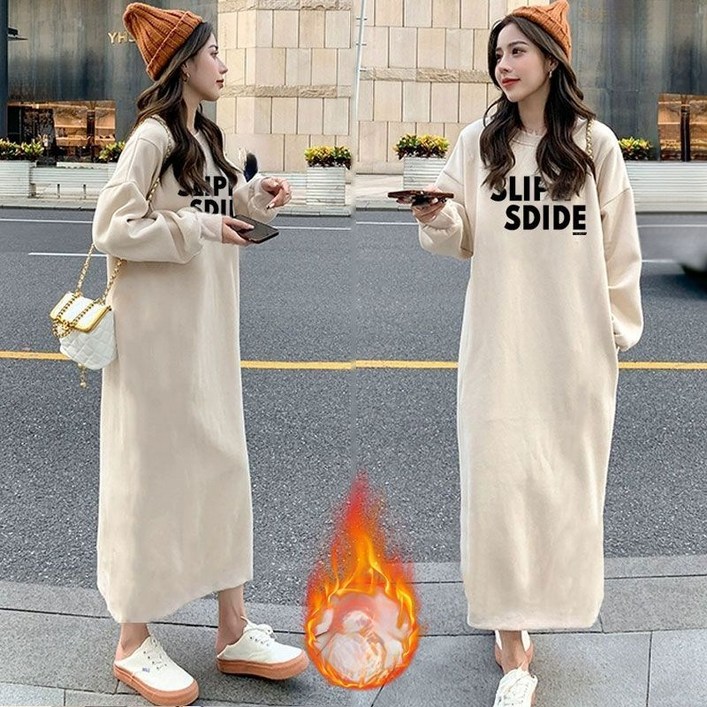 해피유통 여성 가을겨울 기본 롱슬리브 레터링 원피스 편안한 루즈핏 일자형wd