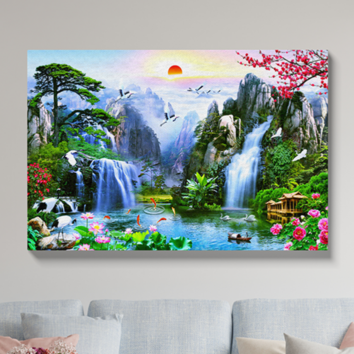 돈들어오는 폭포 그림 새해 무릉도원 생기 액자 명당도 풍수 일출 잉어 목단 모란꽃 재물운 개업선물