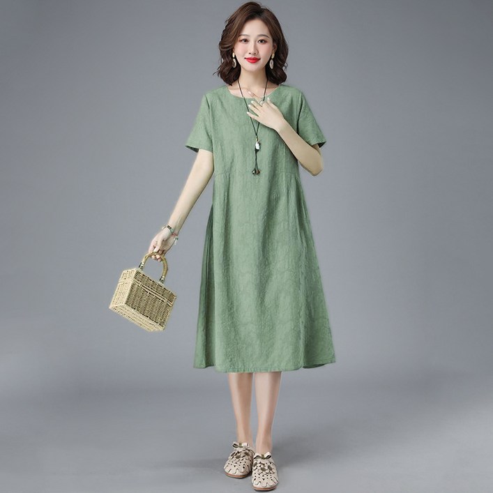 POMTOR 여성 라운드넥 Zacar 반팔 면마 자카르 린넨  롱 원피스