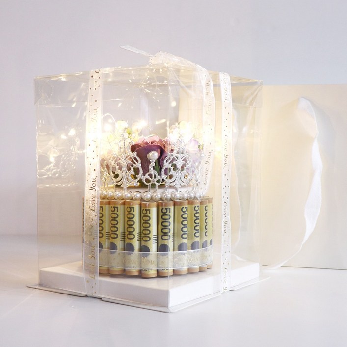 용돈박스 비누꽃 생신 생일 용돈 이벤트 (왕관돈케이크 + 전용쇼핑백 + 페이크머니 + LED전구), 1개, 퍼플