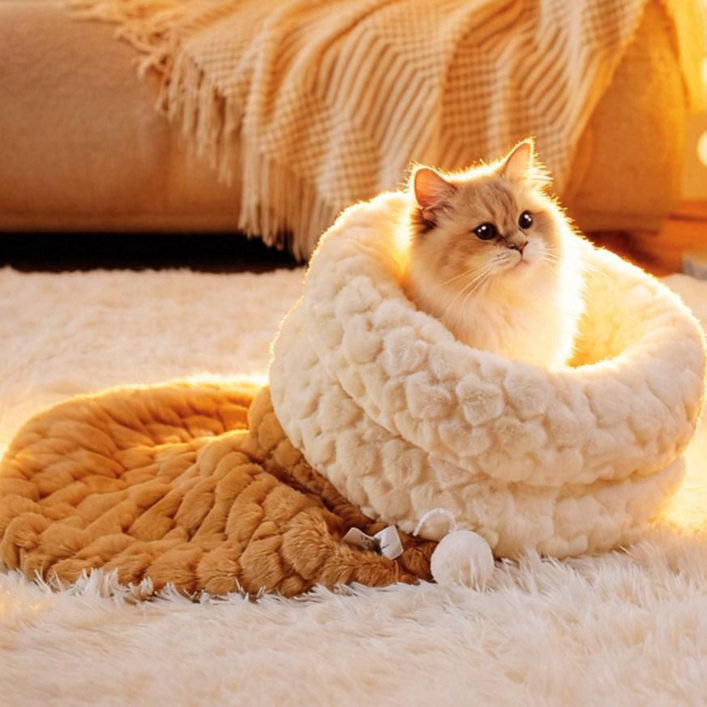 LareinaT 고양이 침낭 겨울 보온 극세사 안전감 반폐쇄형 포켓 하우스 강아지 캣베드