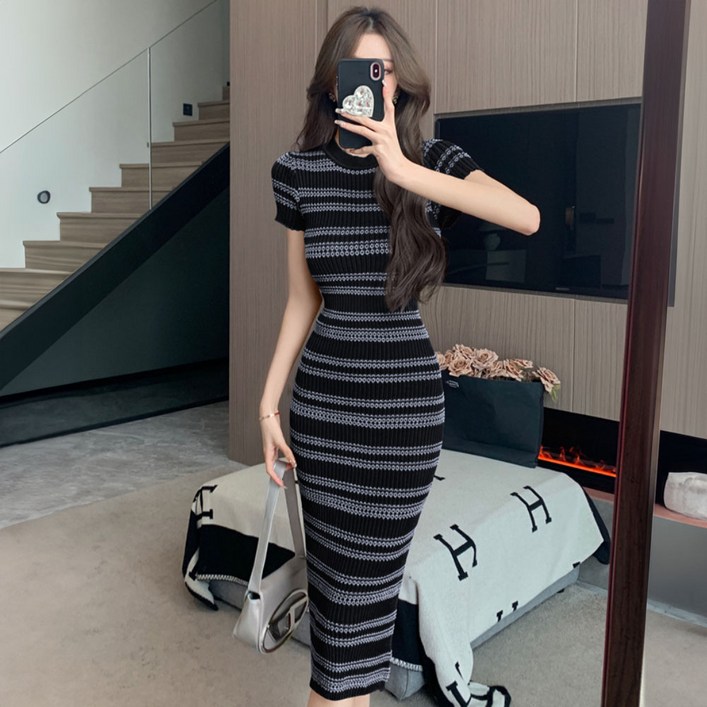순이들 여성 라운드 슬림 롱 반팔 원피스