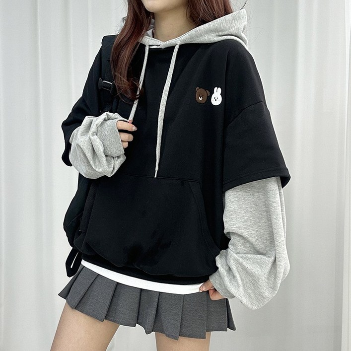 오버핏 버니 베어 레이어드 후드티