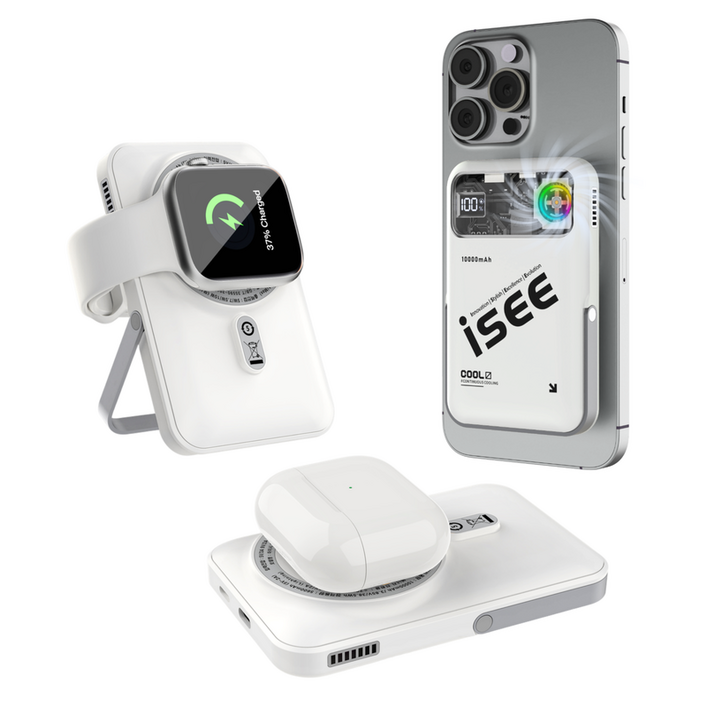isee 아이시3in1대용량 쿨링 맥세이프 터보 냉각팬 거치대 무선고속충전 리튬 폴리머 보조배터리 10000mAh, 화이트 isee 아이시3in1대용량 쿨링 맥세이프 터보 냉각팬 거치대 무선고속충전 리튬 폴리머 보조배터리 10000mAh, 화이트