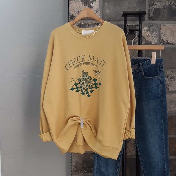 상상그이상 여성용 국내제작 체스 맨투맨 루즈핏 부드러운 간절기 티셔츠 편안한 얇은 데일리 맨투맨 개강룩 가성비 좋은 귀여운 캐주얼코디