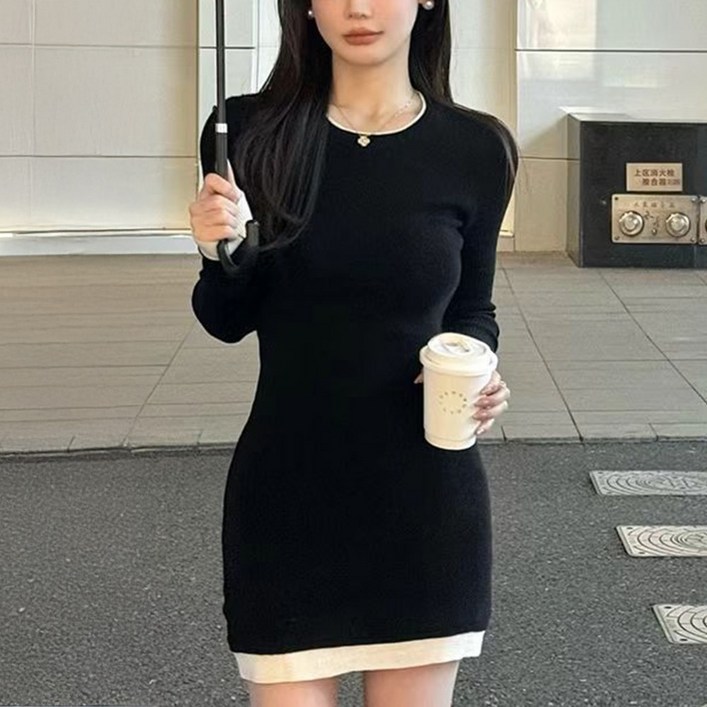 cammello 화이트 배색라인 슬림핏 니트 미니원피스 겨울 긴팔 미니드레스 하객룩