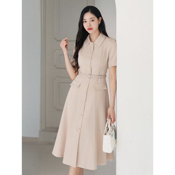 시크라인(~XXL까지) 첼라이 카라 진주버튼 플레어 벨트 원피스 여름 하객룩 오피스룩 데이트 모임 미시 빅사이즈
