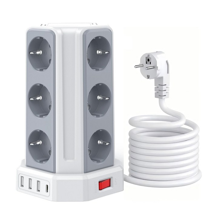 Sameriver 타워형 전원 스트립, USB 포트 4개 포함(최대 3.4A/16W 의 USB-A 3+ USB-C) 전기 소켓 12구, 스위치 4개, 3M 케이블,KC 인증서 취득, 1개, 하얀색, 3m