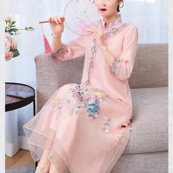 빛나는 판다여름 민족풍 대형 루즈 오간자 자수 원피스