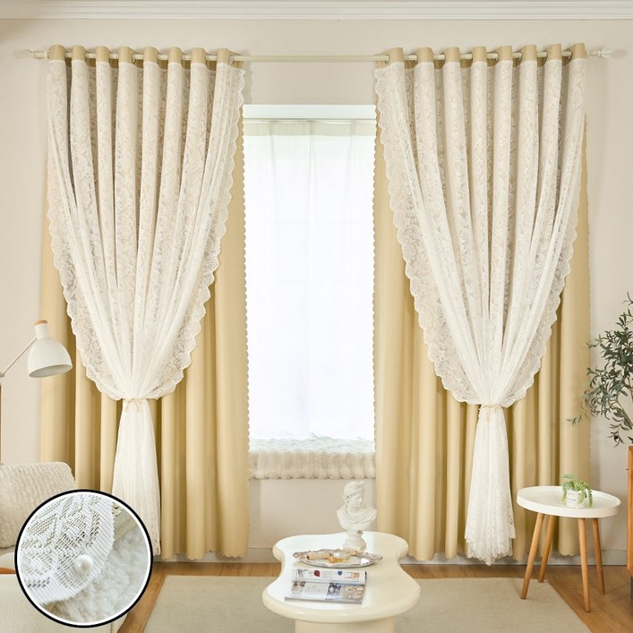 이중 진주 장식 레이스 꽃무늬 안방암막커튼11 2장 24평거실커튼