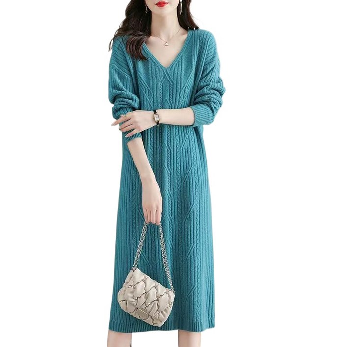 예니브 캐시미어100% 니트 롱 원피스 여성 브이넥 단색 루즈핏 가을겨울