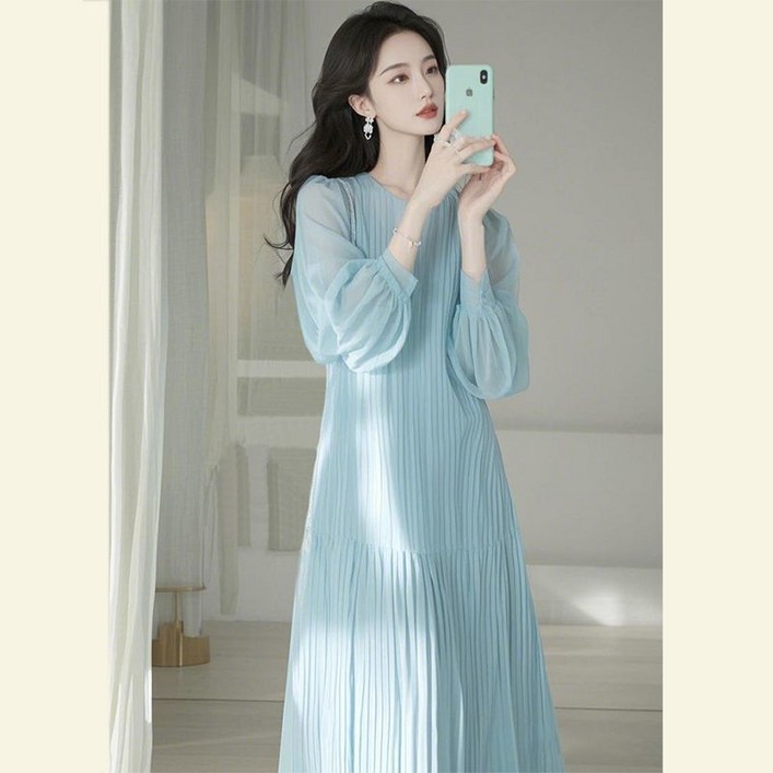 유니픽봄여름 쉬폰 롱원피스 여성 우아한 주름 긴팔 원피스ddn