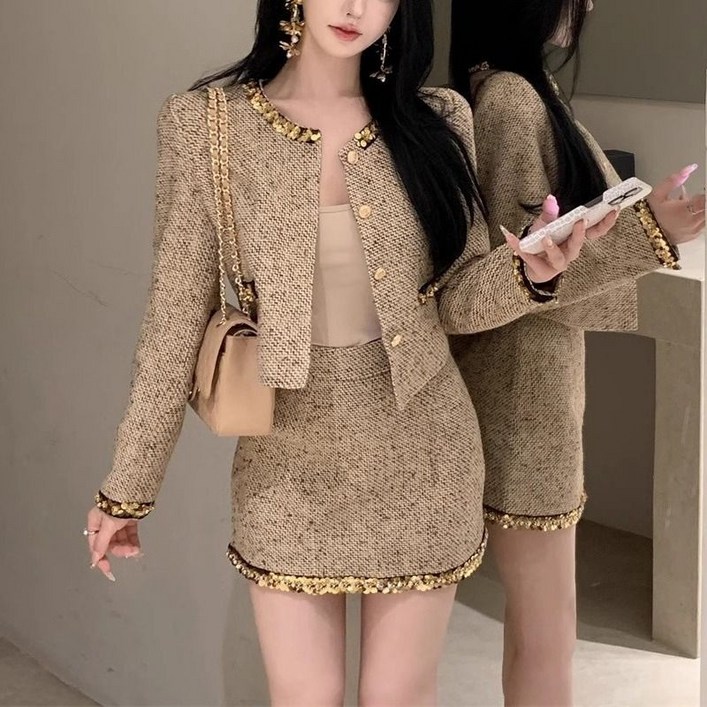 울을위한 세트 트위드 스퀸 긴팔 쇼트 코트 여성 투피스 스커트