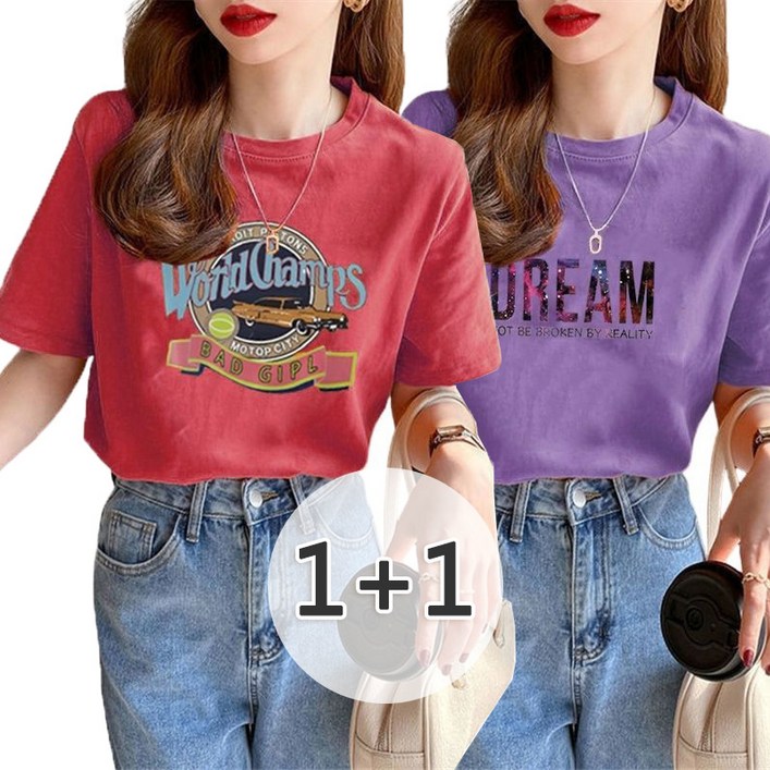 여성 티셔츠 여름 컬러프린트 빅사이즈 반팔 면티 Tshirt 2종세트 여성 티셔츠 여름 컬러프린트 빅사이즈 반팔 면티 Tshirt 2종세트