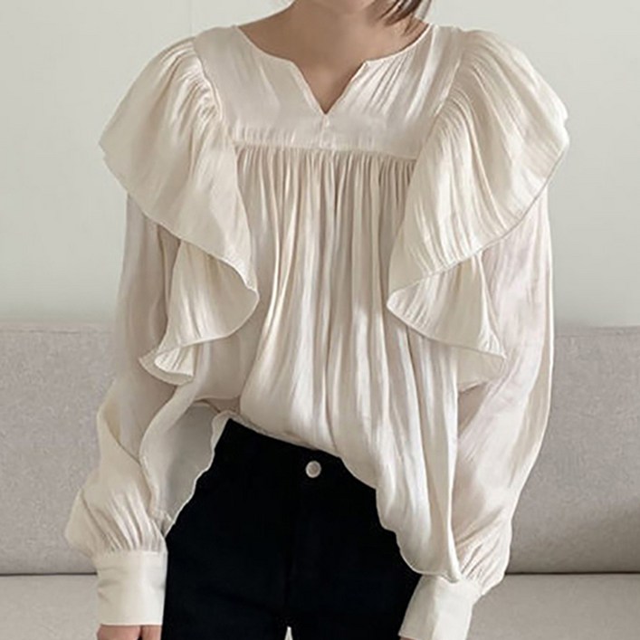 슬림소녀 여성 브이넥 긴팔 프릴 셔츠 하객룩 블라우스