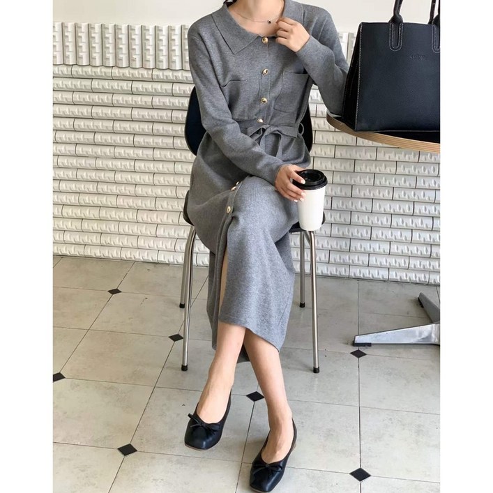 (특가 한정할인) 832 골드버튼 포켓카라원피스/ 카라넥 H라인 니트롱원피스/ 여리여리핏 허리끈