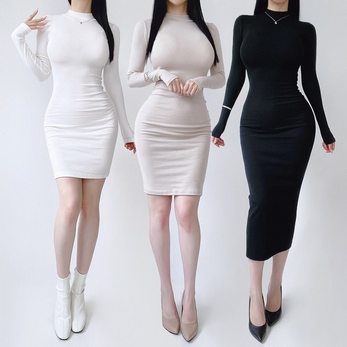 자체제작 엔느 반목 긴팔 원피스 7color 봄 가을 겨울 숏 미니 미디 롱 맥시 폴라 반폴라 슬림핏 타이트 허리잘록 하객룩 셀프웨딩 드레스