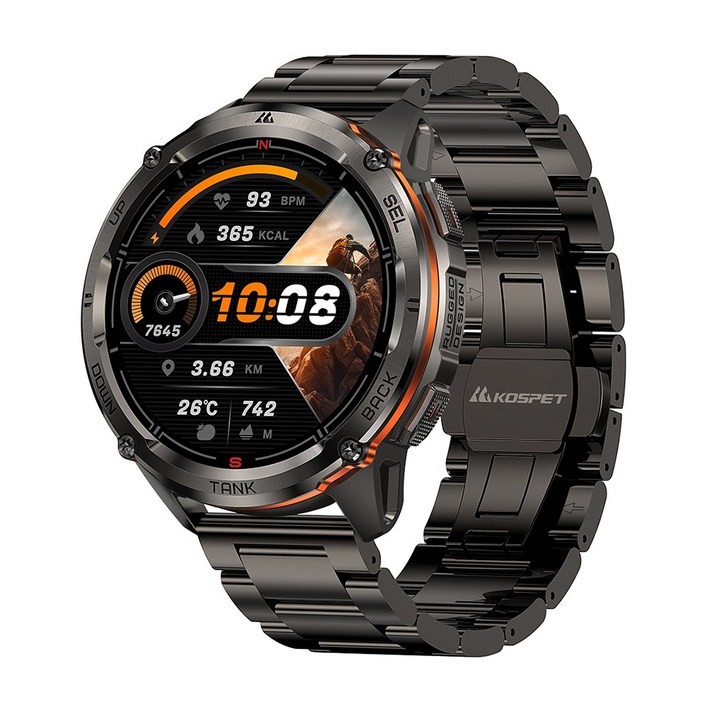 KOSPET 5ATM IP69K 방수, 스테인리스 스틸 바디, 듀얼 주파수 GPS, 470mAh 블루투스 통화 기능, Tank T3 Ultra 2 스마트워치, GPS  블루투스, 3.63cm, black n strap