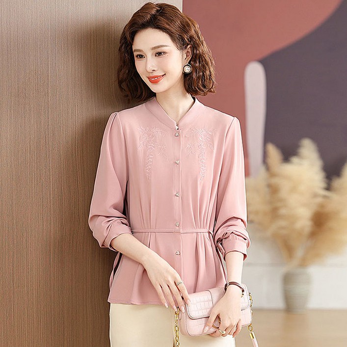 ORZQU 여성 가을 라운드 자수 솔리드 셔츠 상의