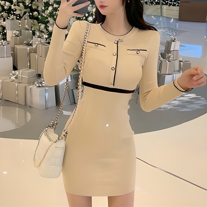 이노뱅크 여성 하객룩 포켓 버튼  슬림 미니 니트 원피스 INO1080