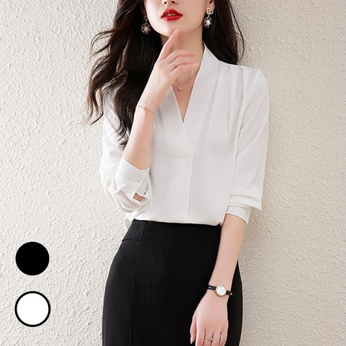 Titikong 여성 쉬폰 V넥 블라우스 하객 면접 정장 노카라 베이직 긴팔 셔츠