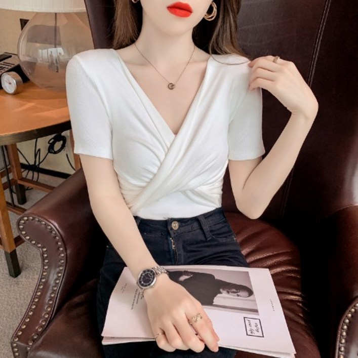 Ogfaour 여름 여성 슬림 브이넥 셔링 반팔 티셔츠